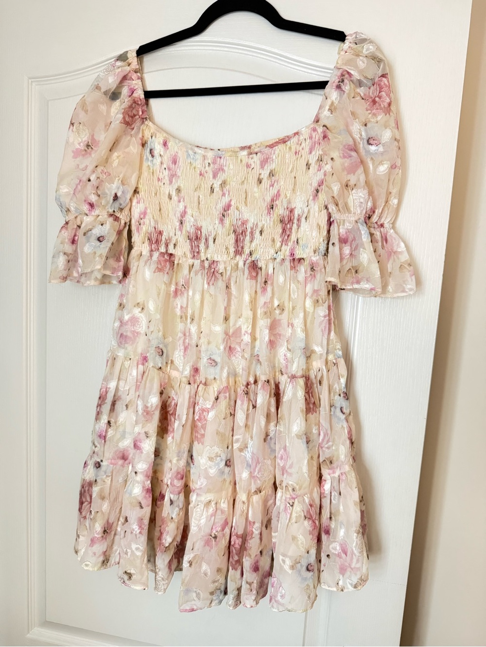 Floral Smocked Babydoll Dress in Blush Pink Cream